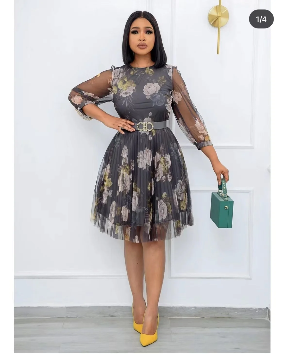 

2022 New Mesh Round Neck Commuter Printed Pleated Dress High Waist Slim Fit Mid Dress With Belt