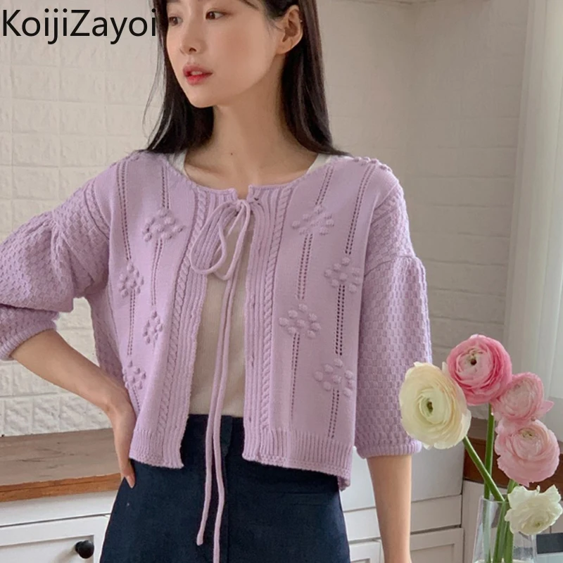 

Koijizayoi Sweet Women Solid Loose Cardigan Half Sleeves Office Lady Fashion Lace Up Kardigan O Neck Chic Korean Sweater 2022