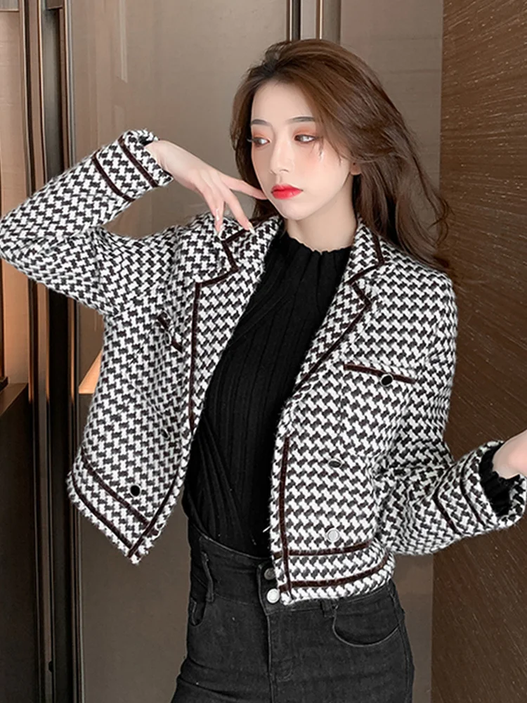 

Retro Hong Kong Style Houndstooth Short Coat for Women Spring and Autumn All-Match Top for Women Korean Style Loose