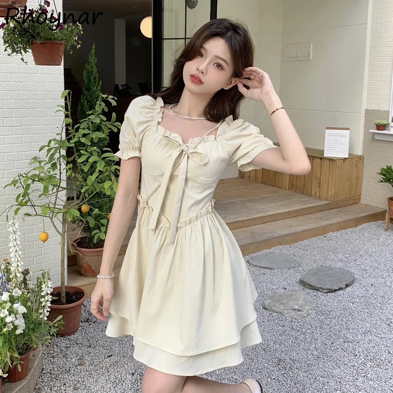 

Short Puff Sleeve Dresses Women A-line Gentle Sweet Girlish Square Collar Young Ins New Students Vestido Feminino Design Kawaii
