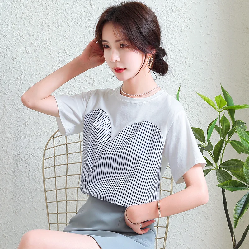 

COIGARSAM Women T Shirt Summer 2022 Short Sleeve White Blue Tee Tops