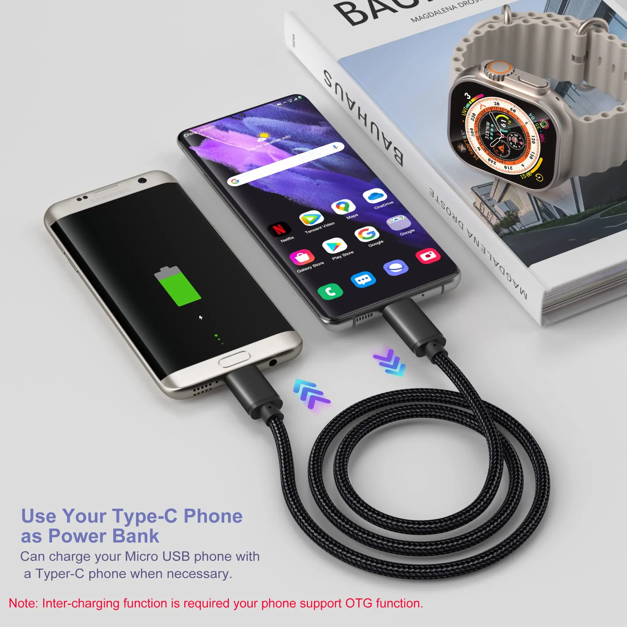 Фото Кабель с USB C на Micro USB 3 фута, нейлоновая оплетка, короткий шнур с Type C на Micro для Samsung Galaxy S7 S6, J7, J3, LG, HTC, PS4, Kindle №2