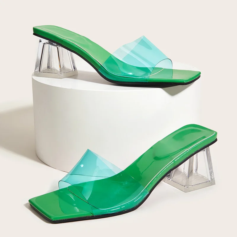 

Block Super High Heels Women 2021 New Open Square Toe One Strap Women Slippers Sexy Party Nightclub Summer