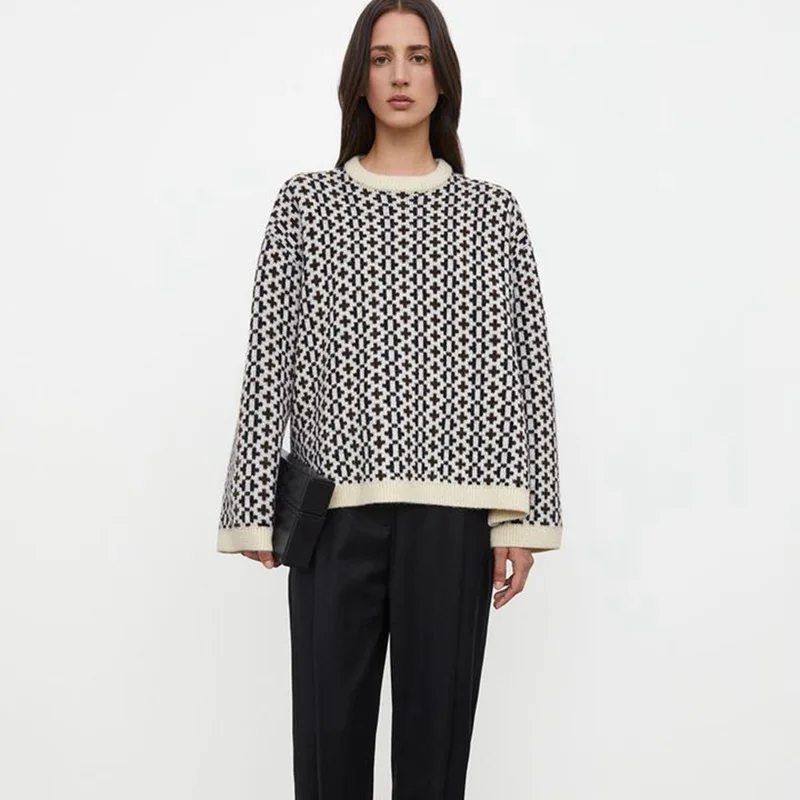 

Женский шерстяной Свободный пуловер T0te * с перекрестным узором, круглый вырез, длинный рукав, разрез, свитер, джемпер оверсайз