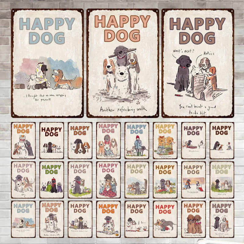 

Винтажные Мультяшные оловянные знаки счастливых собак, Настенный декор, художественные плакаты, металлическая пластина, мужская пещера, ук...