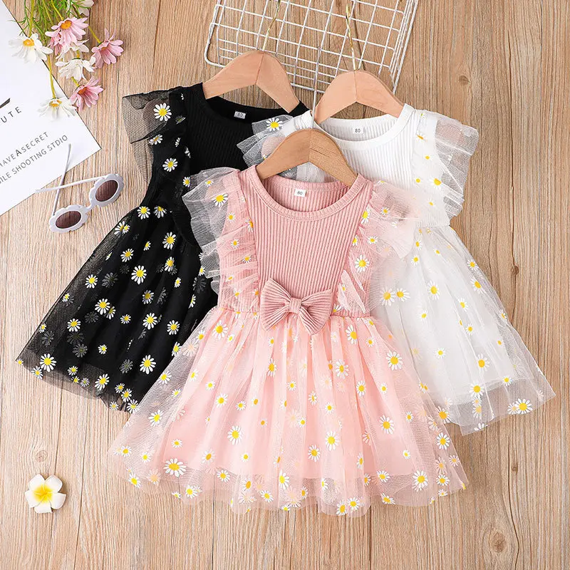 

Baby Girls Dresses Summer Dresses Kids Sleeveless Cute Chrysanthemum Print O-neck Mesh Dress Summer Princess Dresses for Girls