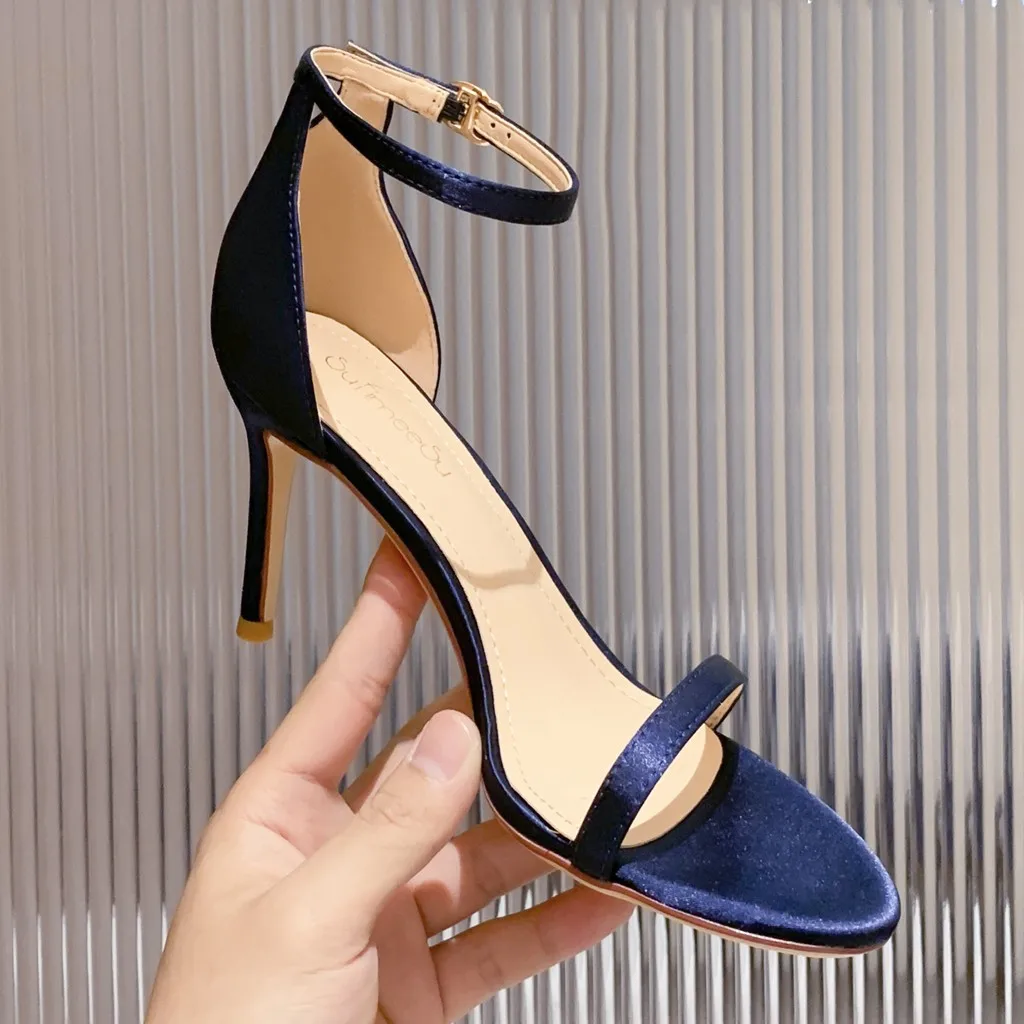 2022 New Summer Elegant Women Silk Blue Wine Red 8cm Thin High Heels Fashion Wedding Party Banquet Shoes Big Size Sandals O0017