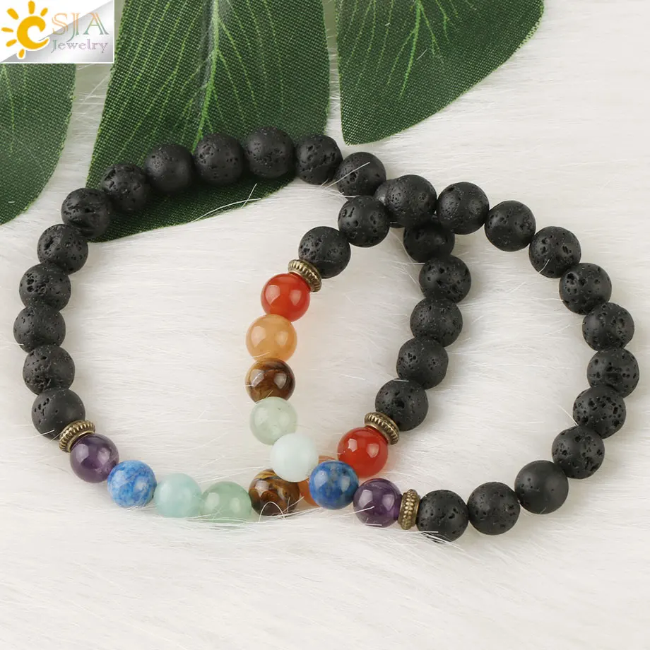 

CSJA 7 Chakra Bracelets Lava Reiki Stones for Women Men Couple Rosary Beads Natural Stone Healing Buddhist Tibetan Jewelry S559