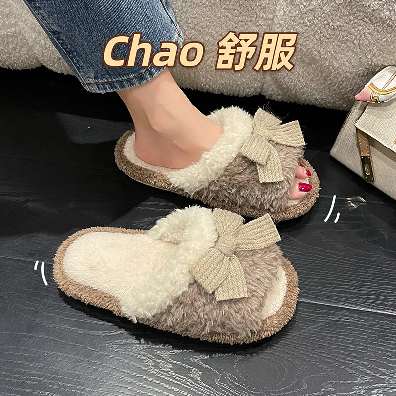 

Female Shoes Slippers Flat Fur Flip Flops Butterfly-Knot Med Flock Luxury Slides 2022 Plush Soft Designer Autumn Butterfly-knot