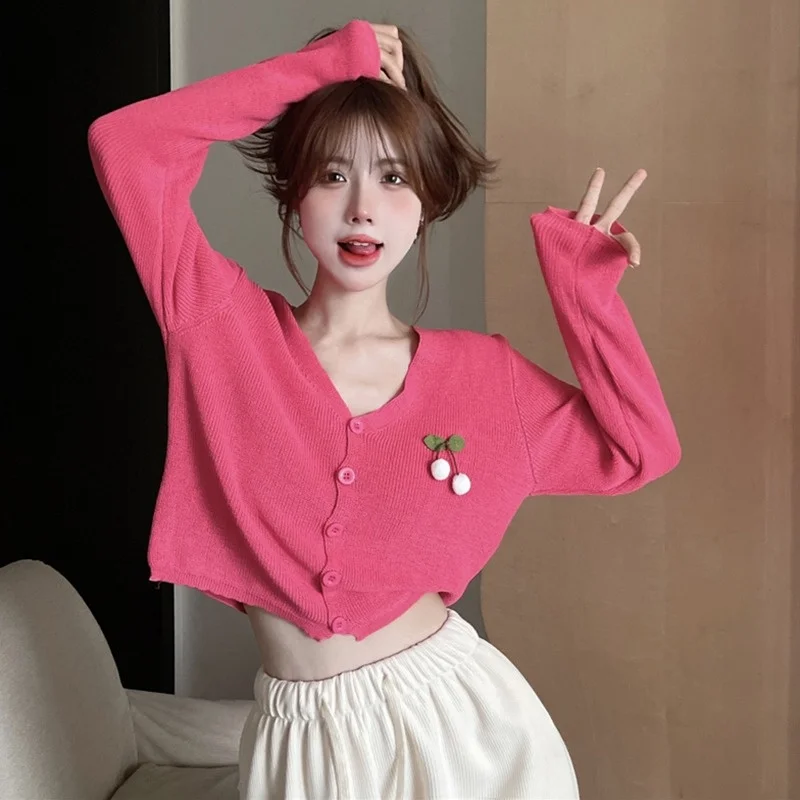 

Women's Cardigan Solid Color Cherry Ornaments Casual Sweet Long Sleeves Knitted Cardigan Sweater Spring Autumn