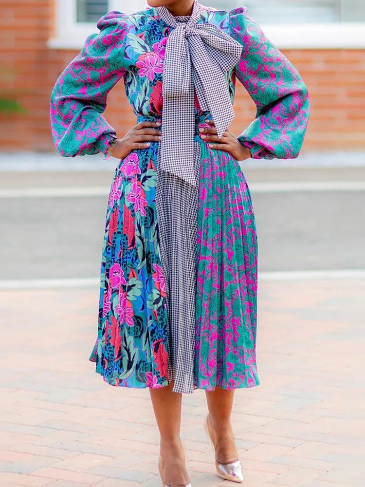 

Women Printed Dress Big Bowtie Collar Floral Long Sleeves Pleated A Line Big Size Elegant Female Office Classy African Fashion
