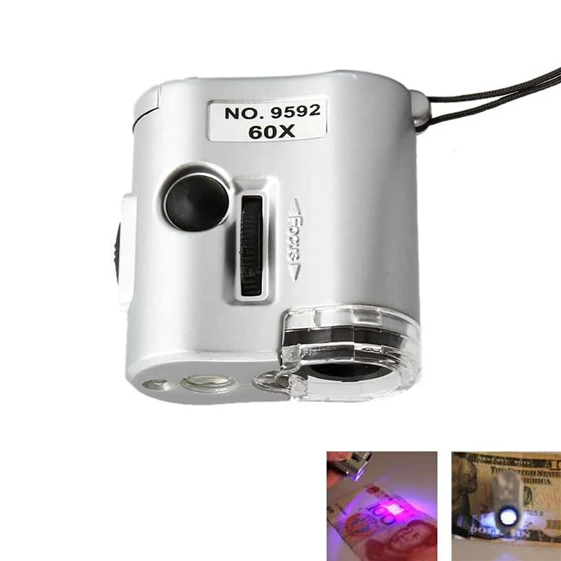 

Portable Mini Pocket 60X Microscope Jeweler Loupe Lens Illuminated Jewelry Insect Magnifier Glass 3 LED With UV Light Microscope