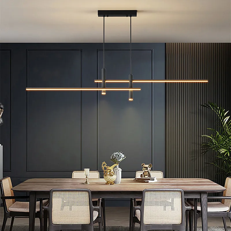 

Dining Room Chandelier Modern Long Strip Pendant Lights With Spotlight Kitchen Island Bar Lamp Nordic Black LED Hanging Fixtures