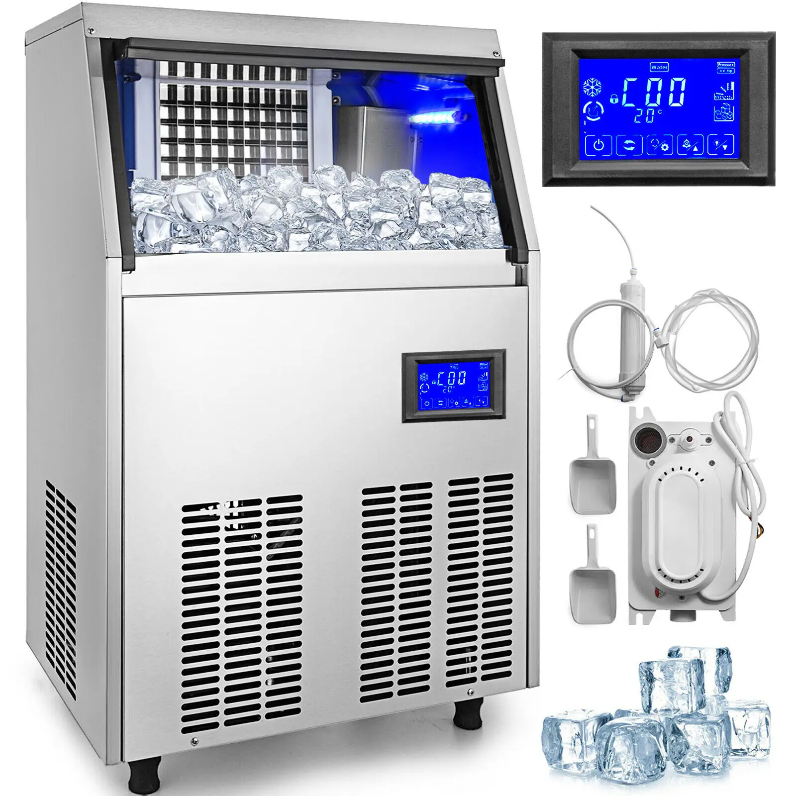 

Ice Cube Maker Machine 70Kg/155Lbs Automatic Water Filter Commercial 45 Grid Ice Tray Ice Making