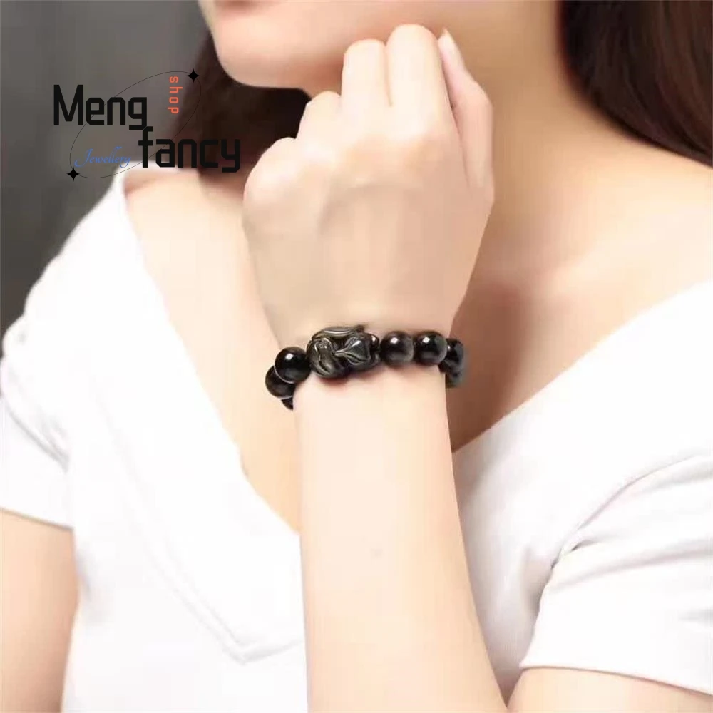 Сказочный браслет из натурального обсидиана в виде маленькой лисы