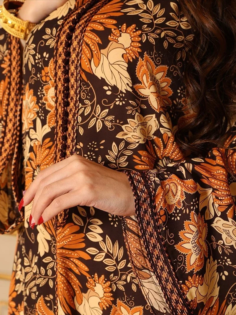 Floral Printed Jalabiya Arabic Long Dress Women Braided Trim Ethnic Moroccan Lose Caftan Muslim Islam Dubai Abaya Summer Orange