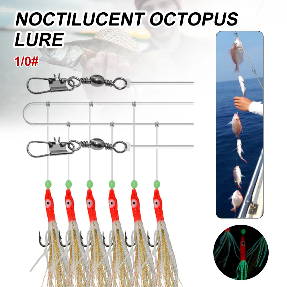 

6hook/set String Fishhook 1/0# Squid Fishing Hook Bionic Fish Skin Lure with Luminous Beads Fishing Lures Fishing Tackles