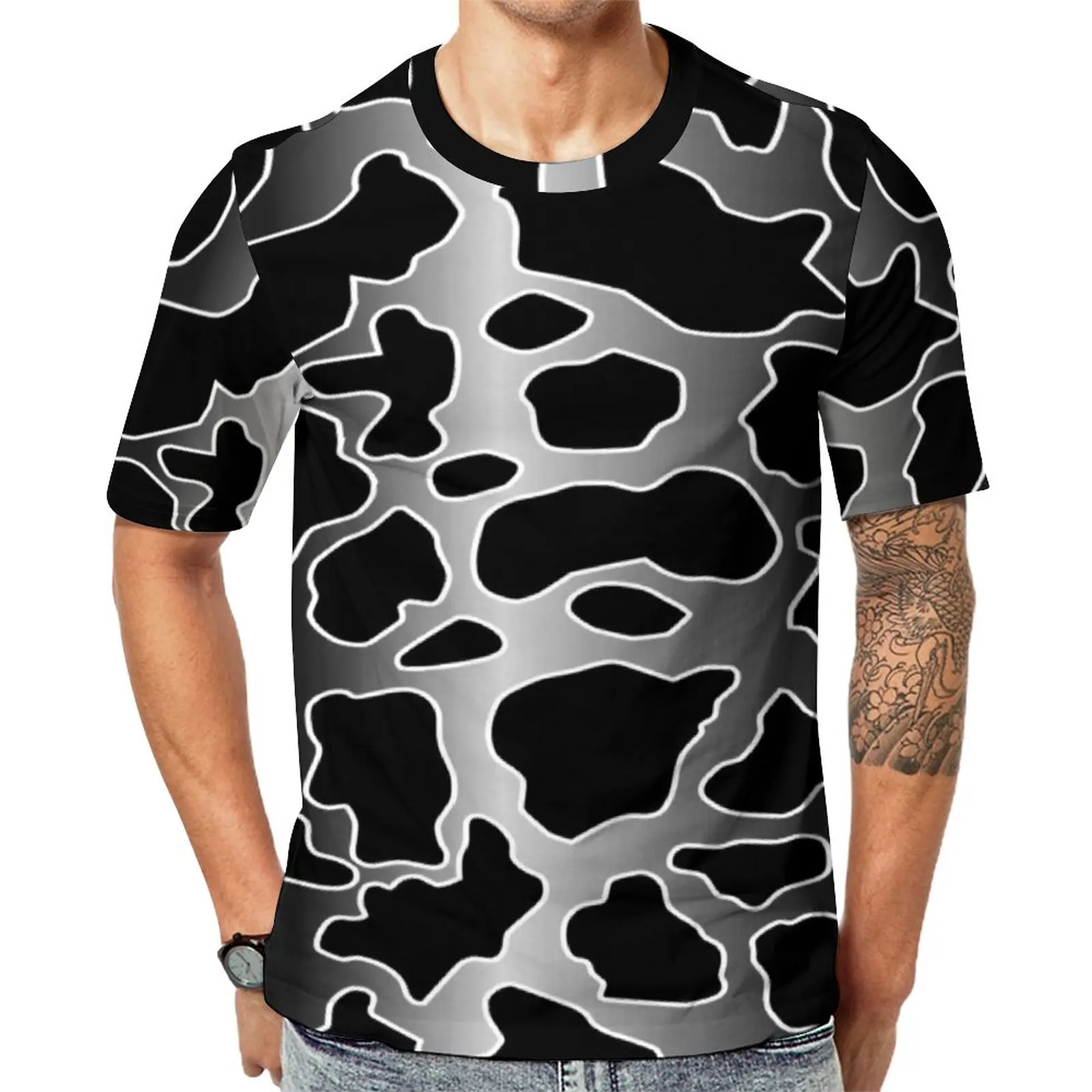 

Black White Cow Print T-Shirt Gray Gradient Faded Spots Streetwear T-Shirts O Neck Hip Hop Tshirt Summer Male Design Plus Size