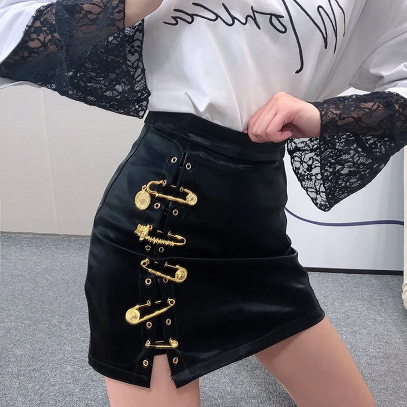 High Waist Slim Skirt Metal Pin PU Leather Skirt A Shape Short Skirt Woman Mini Skirts Fashion Party Gothic Skirts for Girls