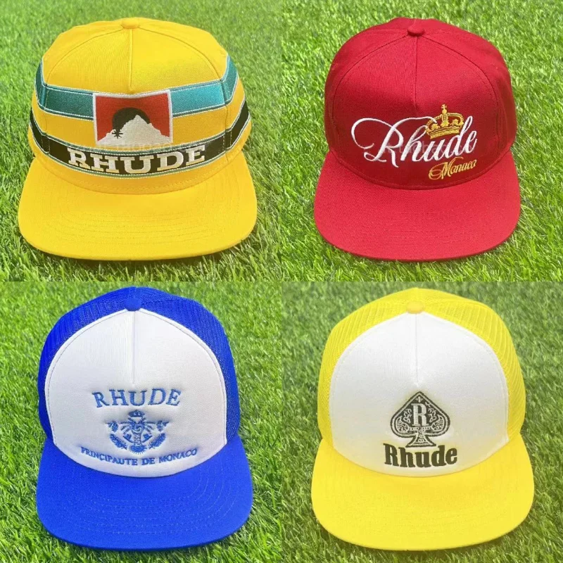 

Rhude Yellow Striped Patch Hat Original Baseball Tags Sunset Embroidery Rhude Baseball Cap Hat