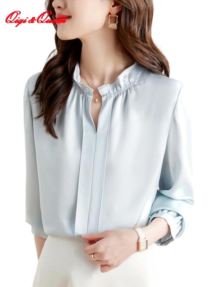 

Qiqi & queen 2023 осенние профессиональные корейские винтажные топы, простая элегантная свободная атласная шифоновая блузка, Женская Повседневная рубашка с длинным рукавом