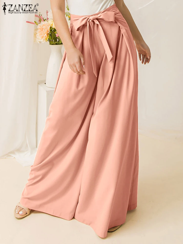 

ZANZEA Fashion 2022 Women Long Trousers Badage Waist Casual Loose Pleated Pocketless Wide Leg Pant High Waist Autumn Pantalon