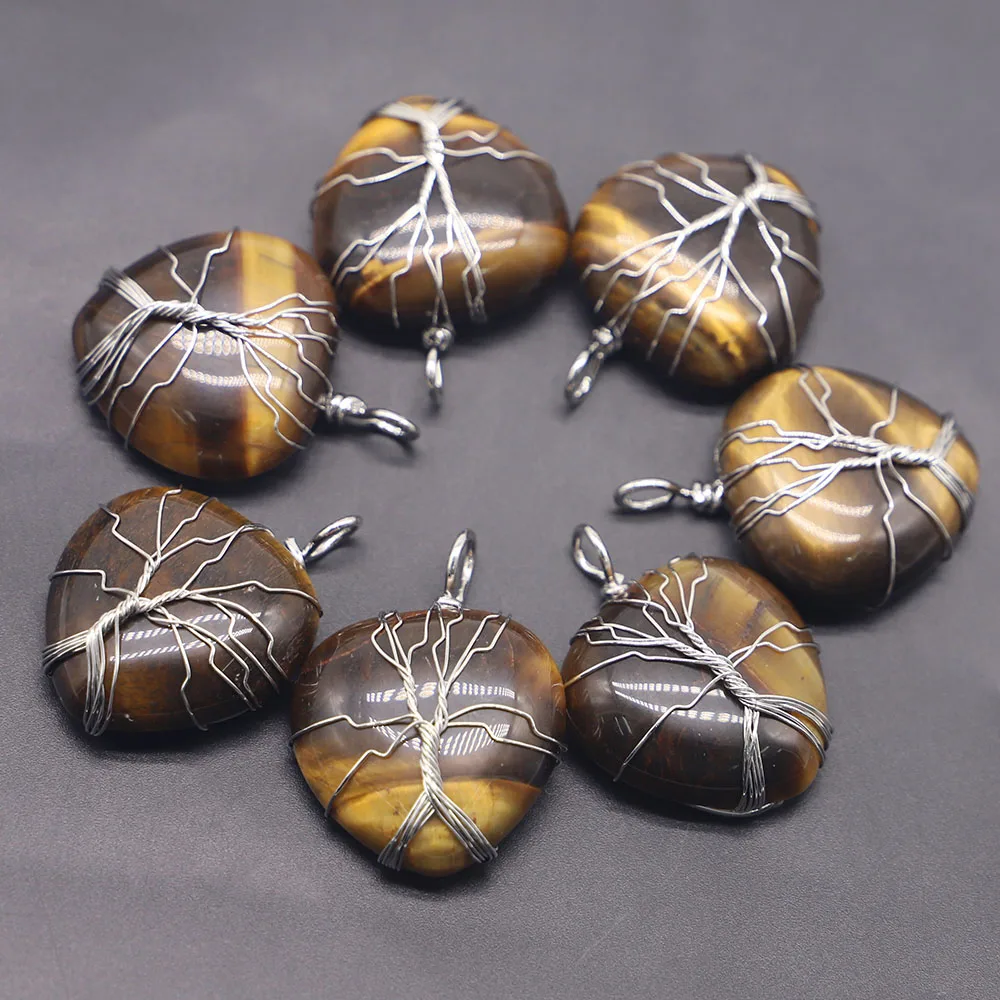 Fashion Natural Tiger Eye Stone Heart Shape Pendants Necklace Reiki Silver Wire Wrap Handmade Tree Of Life Charms Wholesale 4Pcs