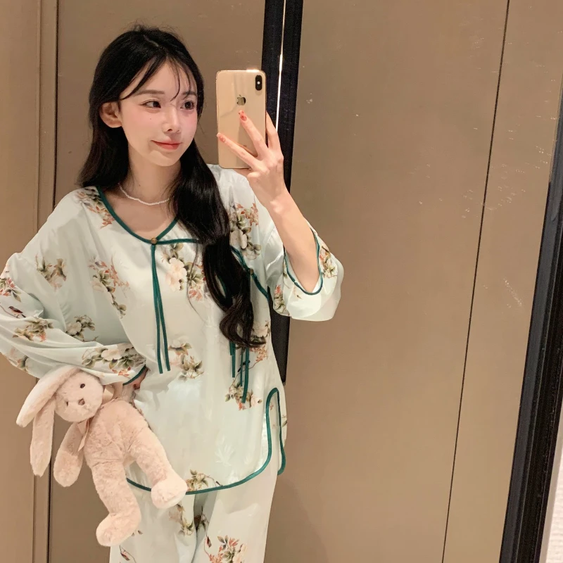 2023 Pajamas for Women's Summer Chinese National Style Sleepwear Suit Round Neck Disc Buckle Home Service Breathable Loungewear