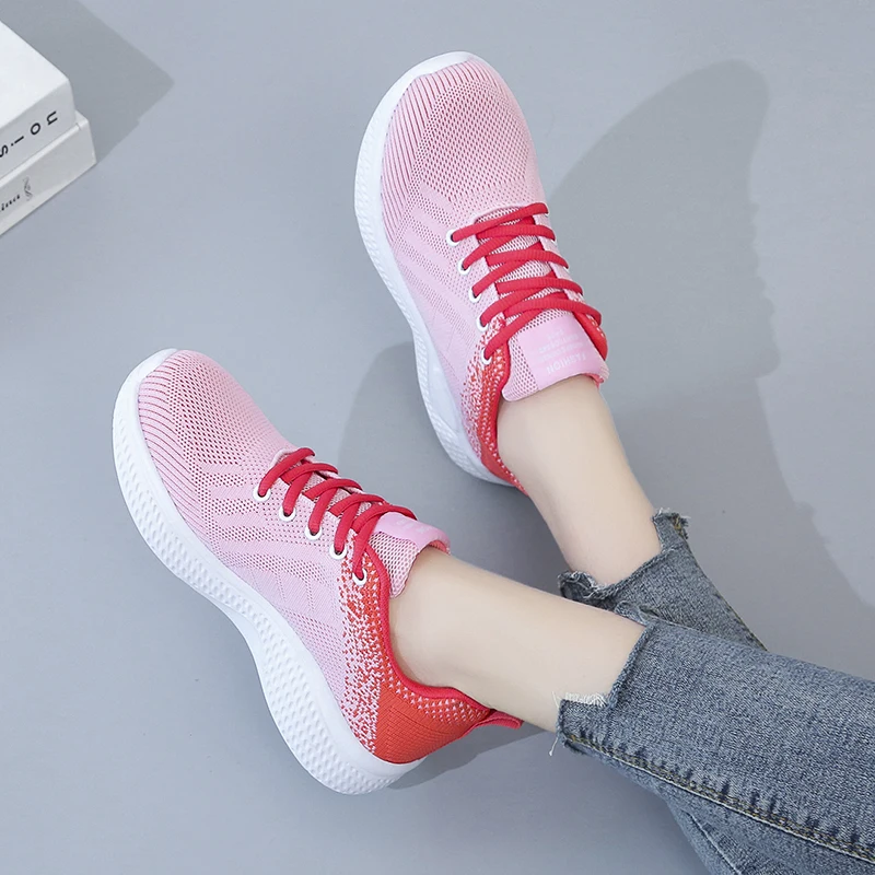 

Women Vulcanized Shoes Off Mesh Walking Platform Shoes Light Weight Knitted Sneakers White Outdoor Female Casual Trainers