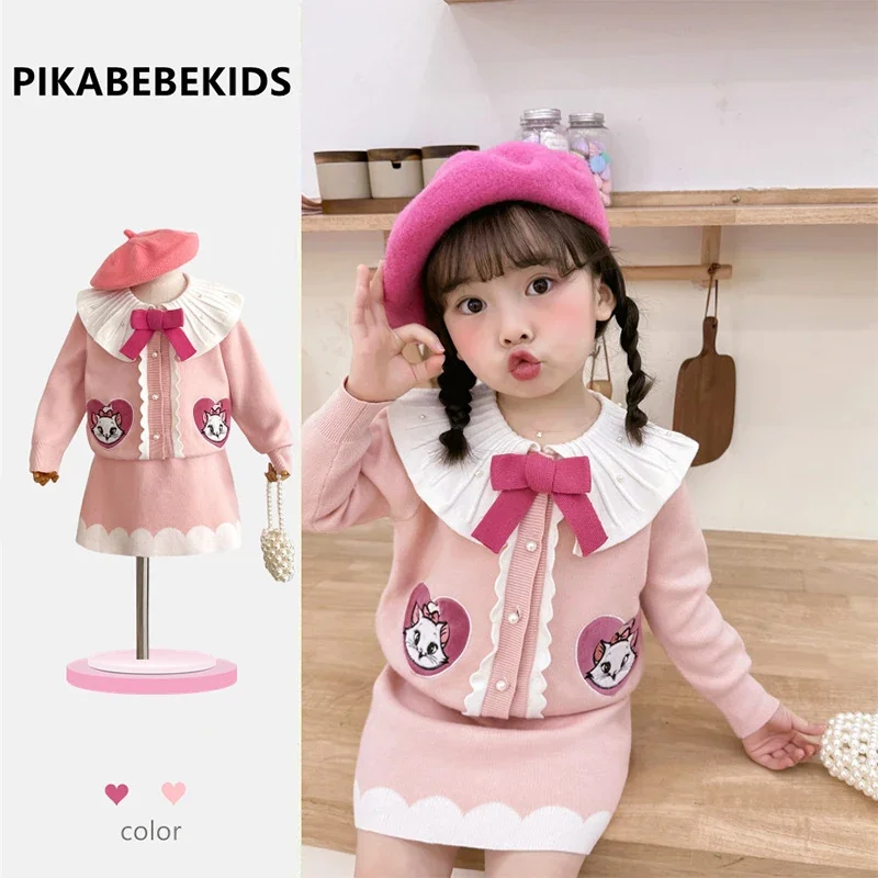 

Disney Marie Cat Girls Knitted Sweater Dress Pink Two Piece Skirt Suit New Autumn Kawaii Sweet Long Sleeve Sweater Short Skirts