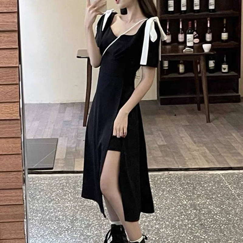 

Summer Dress Women 2022 Split Fork Black Elegant Outfit Bow Korean Fashion All-match Tunics Sexy Party Evening Dresses Oversized
