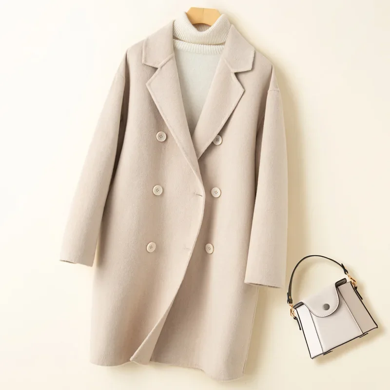 Элегантное двустороннее шерстяное пальто для женщин длинное свободное в