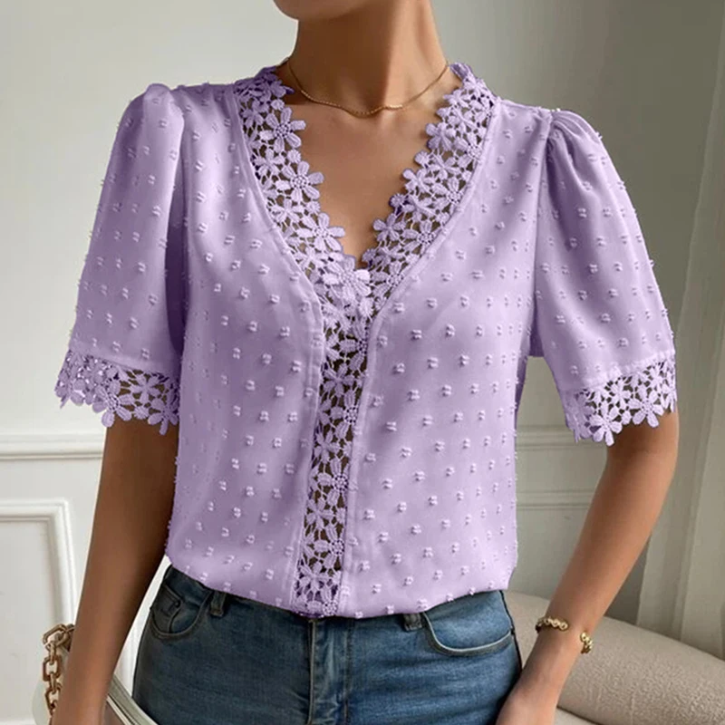 Элегантная летняя кружевная шифоновая блузка с V-образным вырезом модные рубашки