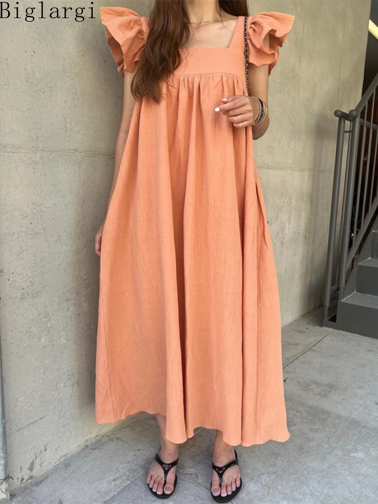 

Korean Chic Ruffle Edge Pleated Summer Women Dress 2022 New Ladies Elegant High Waisted Dresses Fashion Woman Cotton Long Dress