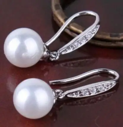 free shipping luxury Noble jewelry Genuine charming a pair 9-10mm AAA++ south sea round white pearl dangle earrings 925 silerv