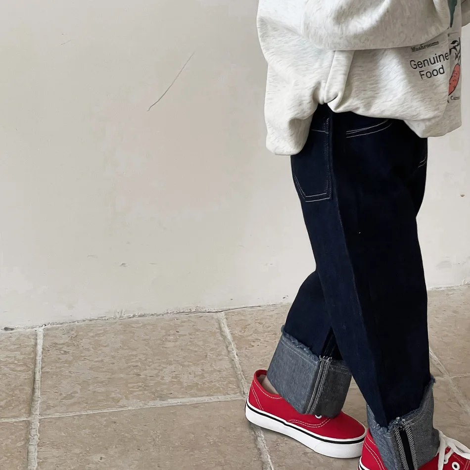 Korean style children loose casual straight jeans Autumn Boys and Girls crimping Wide leg denim pants
