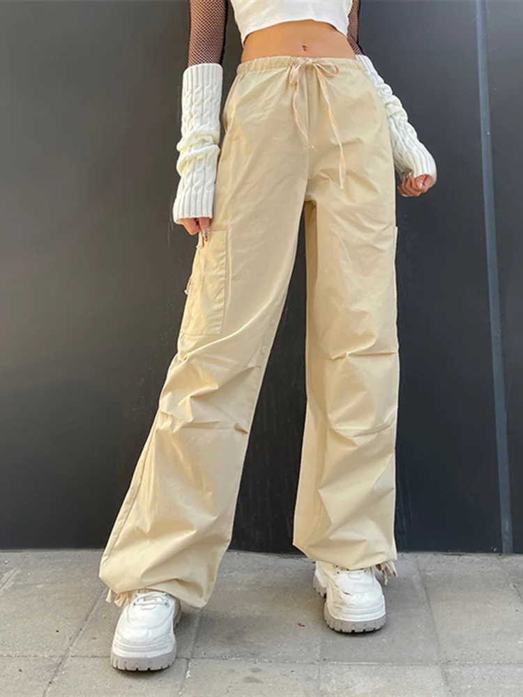 

Akaily Autumn Brown Baggy Cargo Pants For Women 2022 Streetwear High Waist Wide Leg Pant Female Button White Casual Long Trouses