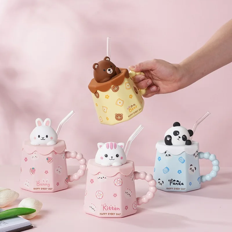 

New Cute Cartoon Ceramic Cup Mug with Cover and Straw High Color Ceramic Water Cup Household Milk Cup Tea Coffee Cola Cup Set