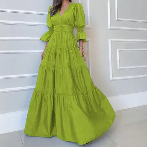 Female Fashion V Neck High Waist Party Dresses Spring Summer Solid Color Long Dress Elegant V Neck 3/4 Puff Sleeve Pleated Dress