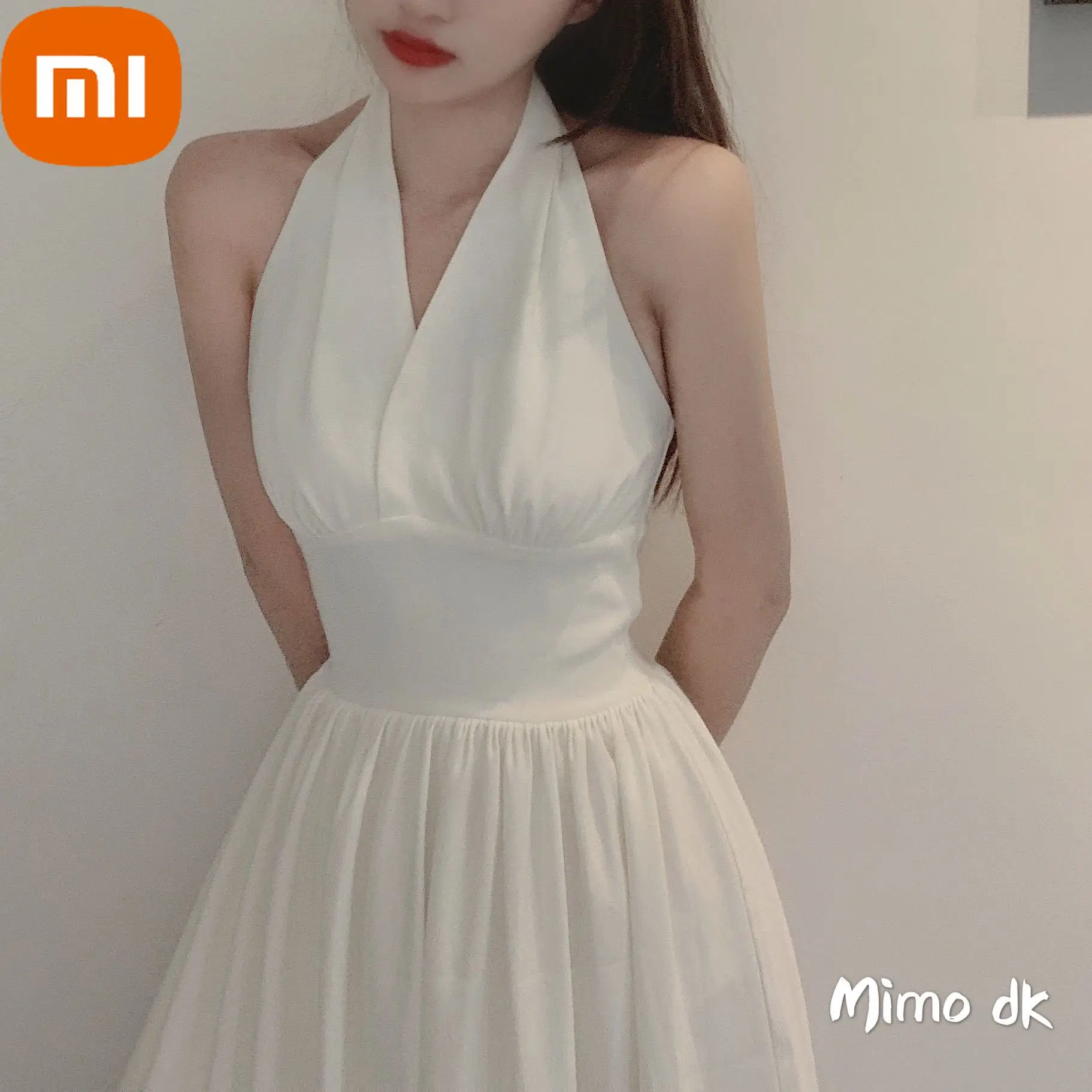 

Женское винтажное платье с открытой спиной XIAOMI, белое элегантное корейское платье миди с открытой спиной, повседневное дизайнерское платье...