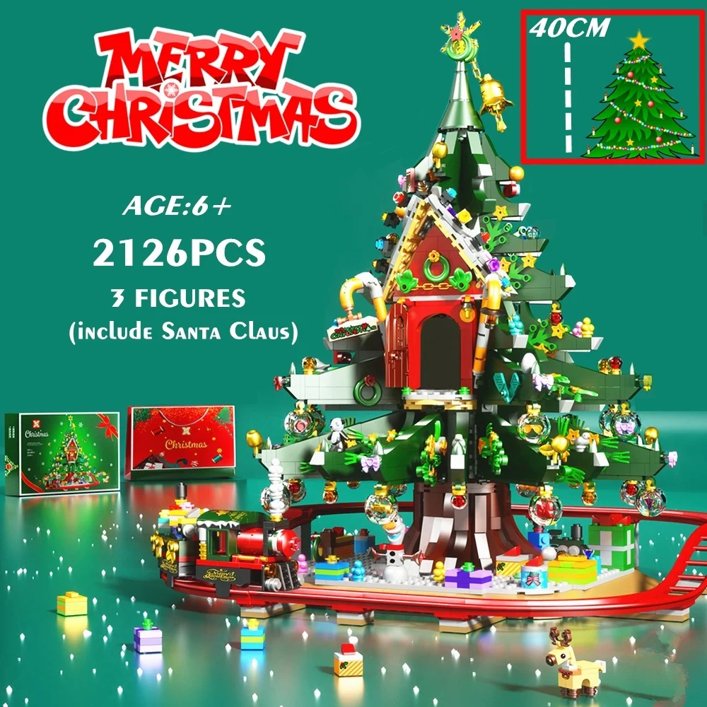 

New Building Blocks Christmas Tree Reindeer Gingerbread House Model Sets Toy City Winter Village Train Santa Claus Elk New Year