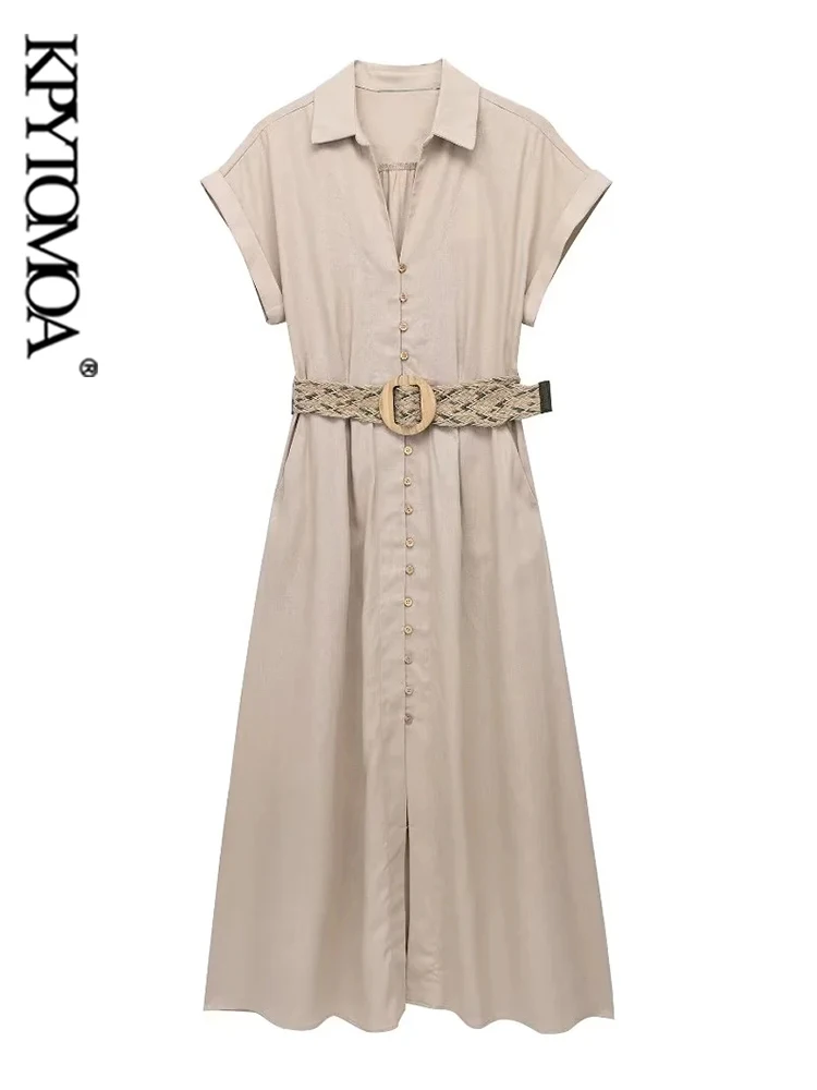 

KPYTOMOA Women Fashion With Belt Linen Midi Shirt Dress Vintage Short Sleeves Front Button Female Dresses Vestidos Mujer