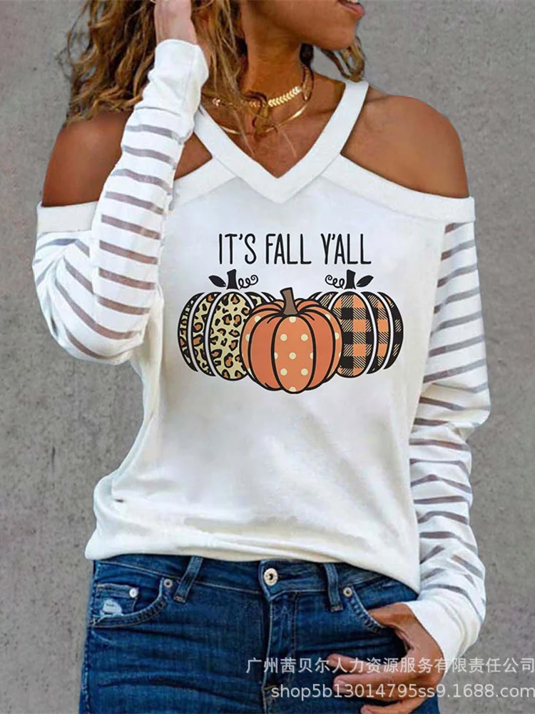 

Mandylandy Women Elegant Pumpkin Lantern Print Halloween Shirt Top Fashion Long Sleeve V Neck Off Shoulder T-shirt Streetwear