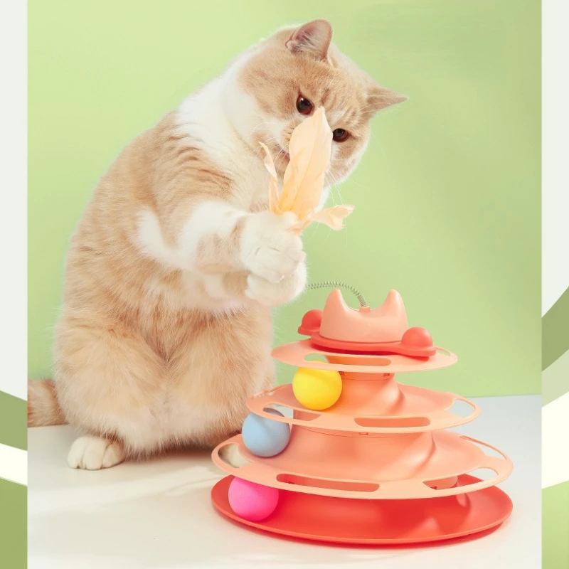 

4 Levels Cats Toy Tower Tracks Disc Spring Rod Feather Cat Turntable Toys Interactive Pet Intelligence Training Amusement Plate