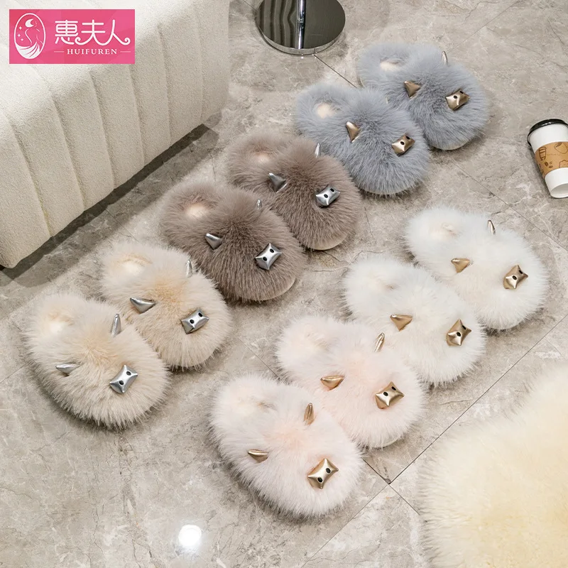 Fluffy slippers female cotton mop 2022 new household indoor thickening bottom anti-slip warm winter cotton slippers couples men