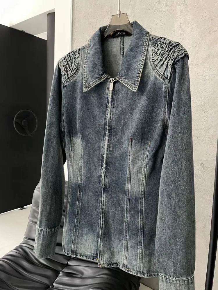 Женская джинсовая рубашка на молнии DEAT синяя облегающая плиссированная блузка