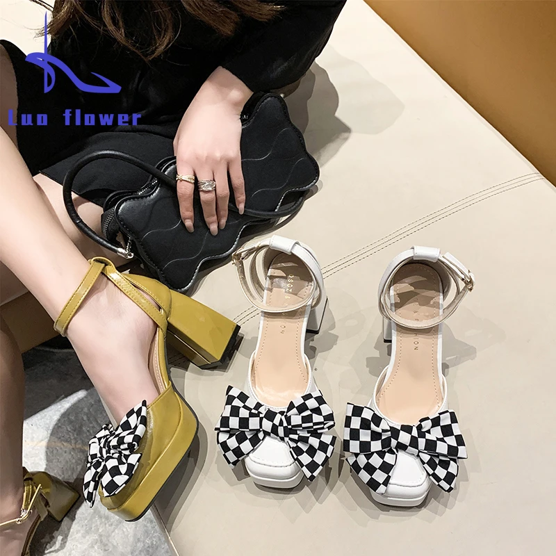 

New Bow Women Heels Sandals Summer Shoes Cute Thick High Heels Platform Black Yellow Dress Party Wedding Shoes Woman Pumps