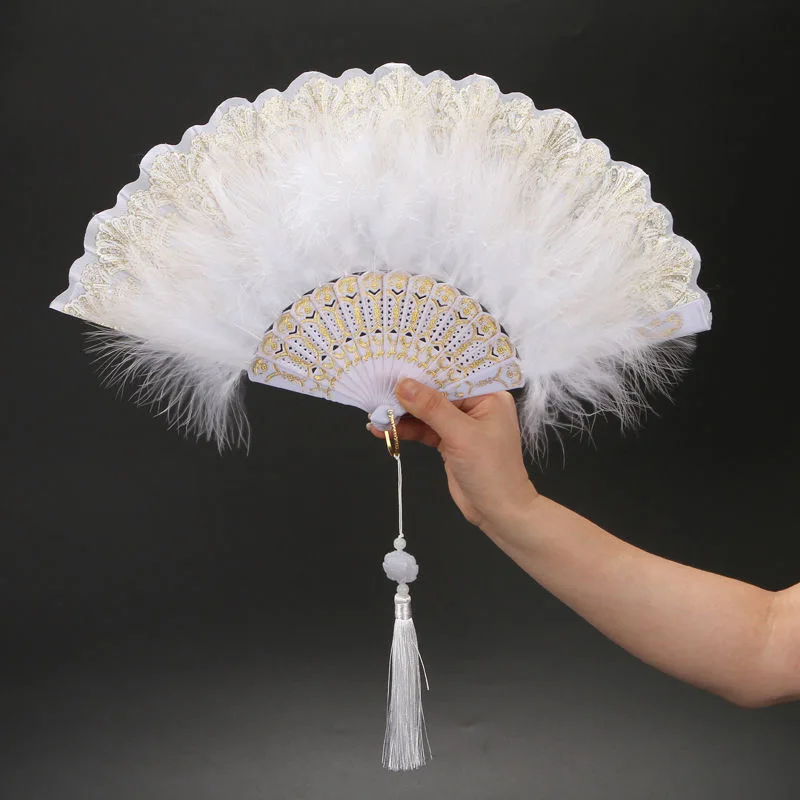 

Lolita Feather Folding Fan Sweet Girl Dark Gothic Court Dance Hand Fan with Pendant Photography Props Wedding Party Decoration