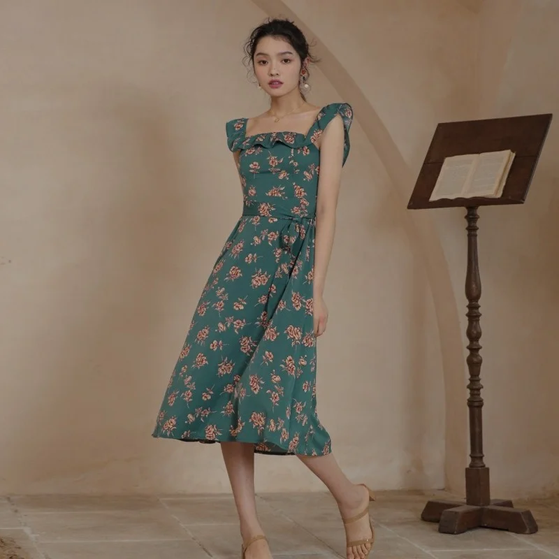 

Elegant Summer Dress Fashion Sexy Ruffled Backless Midi Dresses Women Vintage Green Floral Print Boho Beach Vacation Outfits