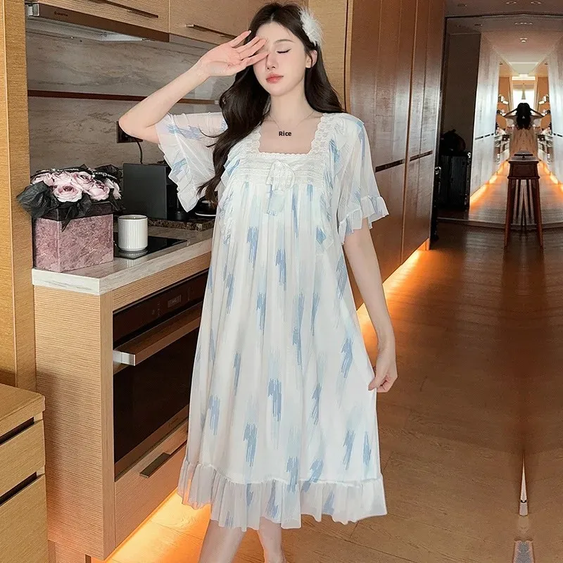 Летняя женская хлопковая кружевная ночная рубашка в стиле принцессы с